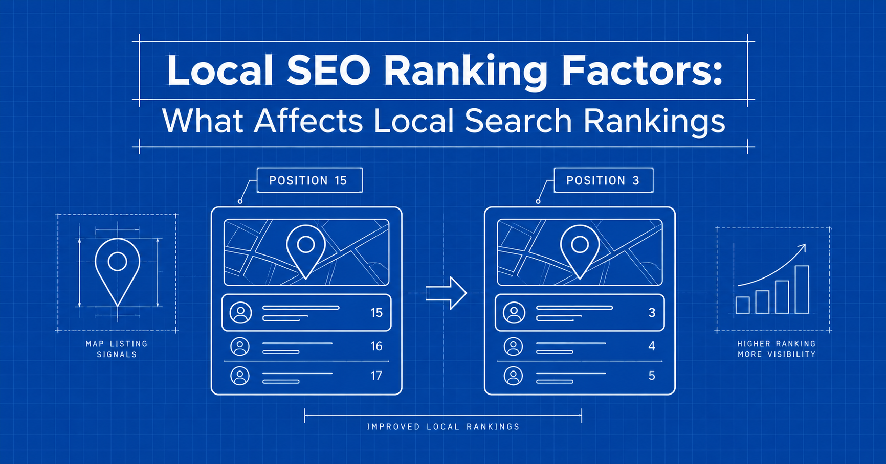 Google Business Profile ranking factors: primary category, services, hours, photos and reviews.